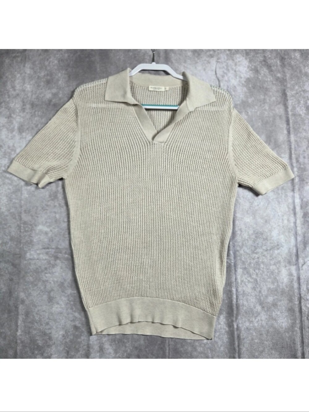 Suitsupply Men’s Cotton Silk Crochet Knit Polo Shirt Beige Johnny Collar Size L
